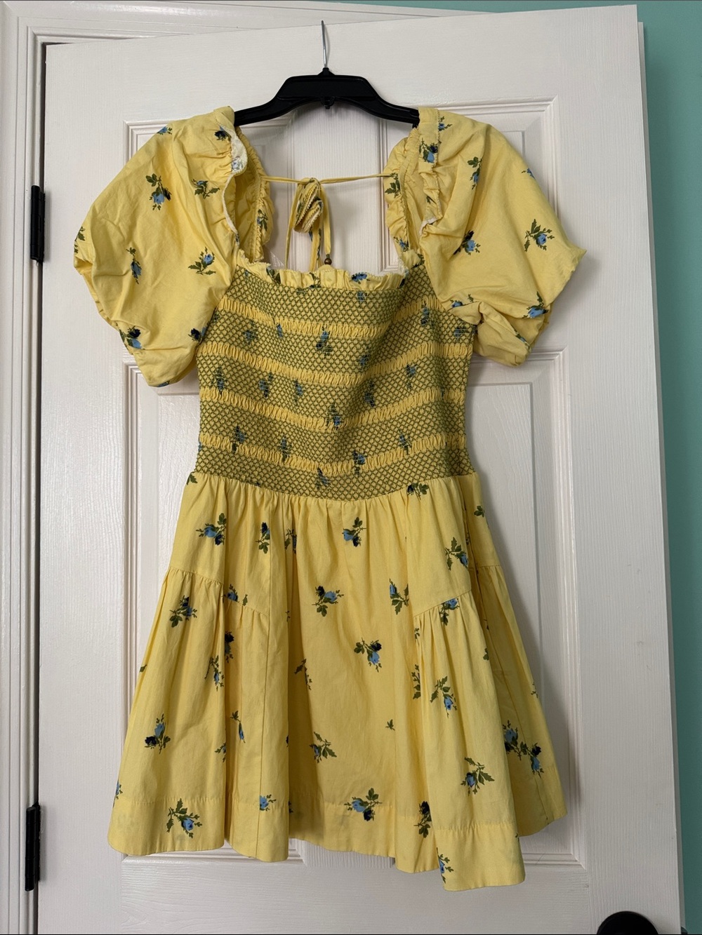 Anthropologie Smocked Bodice Yellow Floral Mini Dress Small NWT